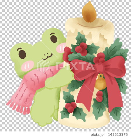 Cute Chibi Green Christmas Frog Hugging a Giant Cream Christmas Candle Decorated with Holly Leaves and Red Berries with a Big Red Ribbon and Golden Bell Cozy Festive Winter Holiday Illustration 143613576