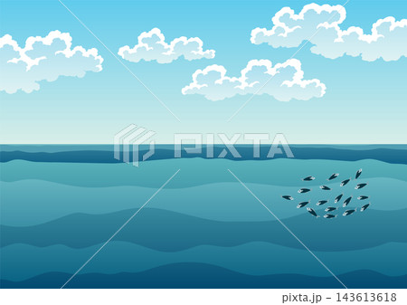 Calm seascape with distant fishing boat and flock of seabirds Calm seascape with distant fishing boat and flock of seabirds 143613618
