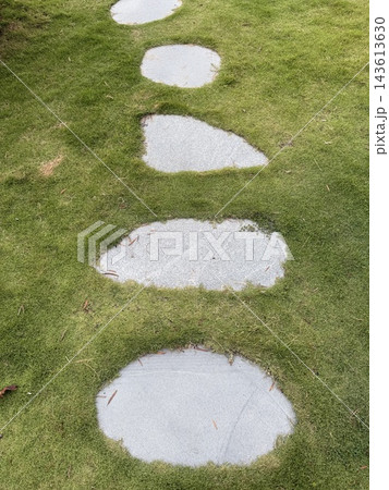 White Stepping Stones on Green Lawn in Garden White Stepping Stones on Green Lawn in Garden 143613630