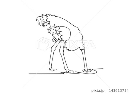 Single one line drawing humorous wild ostrich burying its head directly into hole in the ground, showcasing slender legs, fluffy body feathers. Continuous line draw design graphic vector illustration Single one line drawing humorous wild ostrich burying its head directly into hole in the ground, showcasing slender legs, fluffy body feathers. Continuous line draw design graphic vector illustration 143613734