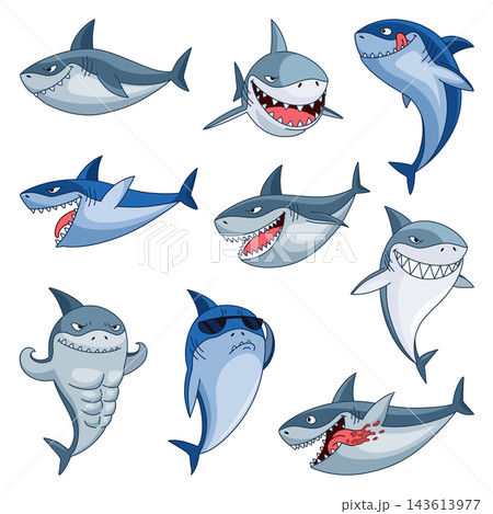 Set of playful shark characters in flat cartoon style 143613977