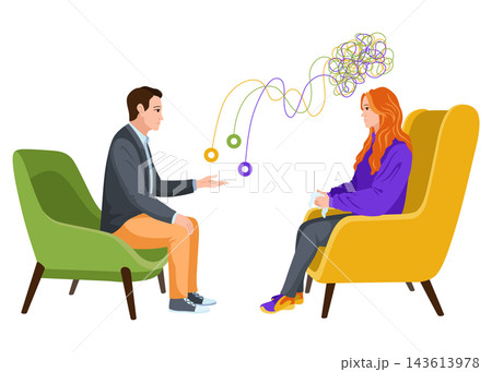 Flat concept of psychotherapy sessions showing therapist and client in conversation 143613978