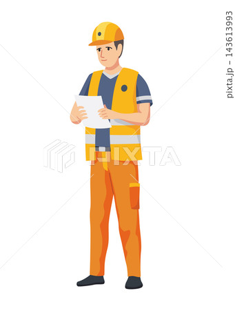 Construction worker in safety gear holding building plans Construction worker in safety gear holding building plans 143613993