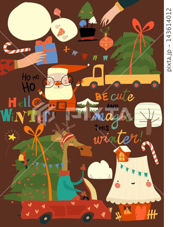 Cute Cartoon Set With Santa Claus, Animals and Christmas Elements Cute Cartoon Set With Santa Claus, Animals and Christmas Elements 143614012