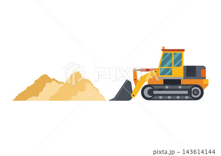 Flat construction bulldozer moving sand with pile 143614144