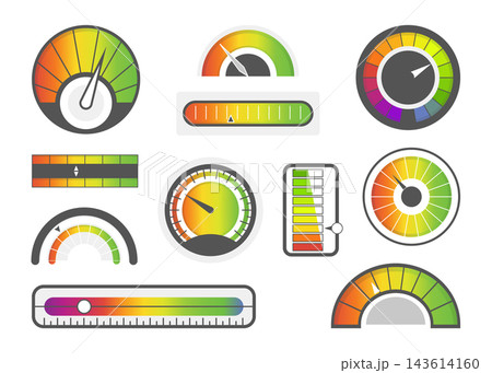 Speedometer icons. Credit score indicators. Speedometer goods gauge rating meter. Level indicator, credit loan scoring manometers vector set. Speedometer icons. Credit score indicators. Speedometer goods gauge rating meter. Level indicator, credit loan scoring manometers vector set. 143614160