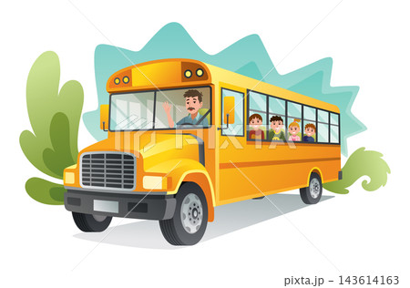 Classic american old school bus. Kids riding on school bus. Free travel. Color vector school banner Classic american old school bus. Kids riding on school bus. Free travel. Color vector school banner 143614163