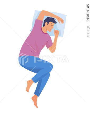 Top-down illustration of a man sleeping on his back with arms up and relaxed legs 143614185