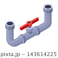Isometric pipe. Water tube or pipeline with red valve. Oil or gas industry tube construction. Plastic plumbing system 3d. Piece of pipe 143614225