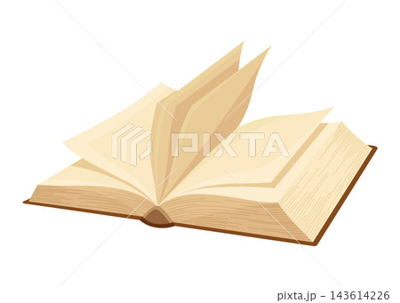 Old open book with empty page. Wisdom or education concept. Vintage library design element. Ancient writing stationery symbol for poetry work or education Old open book with empty page. Wisdom or education concept. Vintage library design element. Ancient writing stationery symbol for poetry work or education 143614226