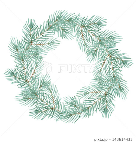Watercolor Christmas wreath of pine branches isolated, simple chinoiserie winter evergreen frame Watercolor Christmas wreath of pine branches isolated, simple chinoiserie winter evergreen frame 143614433