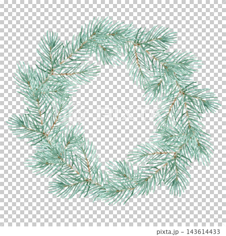 Watercolor Christmas wreath of pine branches isolated, simple chinoiserie winter evergreen frame Watercolor Christmas wreath of pine branches isolated, simple chinoiserie winter evergreen frame 143614433