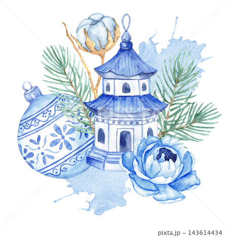 Watercolor chinoiserie Christmas composition with porcelain pagoda, bauble, blue peony, cotton and pine isolated Watercolor chinoiserie Christmas composition with porcelain pagoda, bauble, blue peony, cotton and pine isolated 143614434