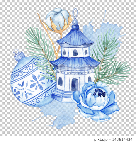 Watercolor chinoiserie Christmas composition with porcelain pagoda, bauble, blue peony, cotton and pine isolated Watercolor chinoiserie Christmas composition with porcelain pagoda, bauble, blue peony, cotton and pine isolated 143614434