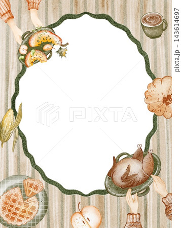 Thanksgiving Cottagecore Watercolor Striped Background with Whimsical Frame and Blank Space Thanksgiving Cottagecore Watercolor Striped Background with Whimsical Frame and Blank Space 143614697