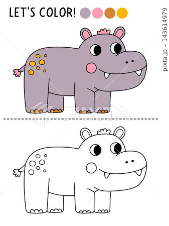 Safari animals coloring page for children with hippopotamus. Vector savanna outline illustration. Color book with colored example. Drawing skills printable worksheet with African savannah hippo 143614979