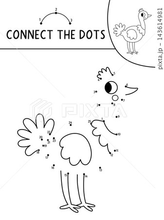 Vector safari dot-to-dot and color activity with cute ostrich. Black and white connect the dots game for children with funny savanna animal. African savannah line printable worksheet, coloring page 143614981
