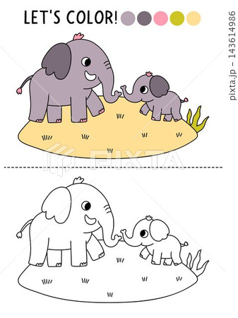 Safari animals coloring page for children with elephant and baby. Vector savanna outline illustration. Color book with colored example. Drawing skills worksheet with African savannah scene Safari animals coloring page for children with elephant and baby. Vector savanna outline illustration. Color book with colored example. Drawing skills worksheet with African savannah scene 143614986