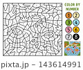 Vector safari color by number activity with flamingos, nature scene. Savanna black and white counting, game. Cute coloring page for kids. Line printable worksheet with African savannah animal 143614991