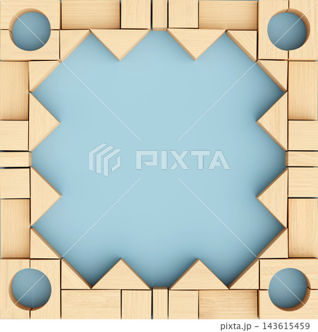 Square Ornamental Frame Made of Natural Unpainted Wooden Toy Blocks with Copy Space 143615459