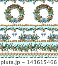 Seamless Christmas pattern with watercolor fir branches, light blue bows, cyan glass baubles, pinecones and gingerbread cookies. Hand-painted festive botanical winter holiday decoration on white. 143615466