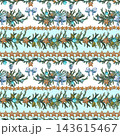 Seamless Christmas borders and patterns with watercolor fir branches, light blue bows, cyan baubles and gingerbread. Hand-painted festive botanical winter holiday decoration on white background. 143615467