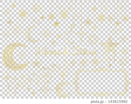 A fantastical design illustration set of the moon and stars / Gold (crescent moon, night sky, glitter, frame, ornament) 143615992