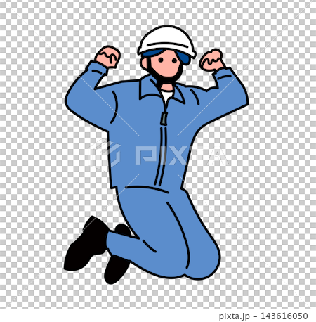 A flat vector illustration of a male worker making a victory pose and jumping energetically. 143616050
