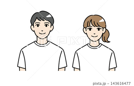 正面を向いている普段着の若い男女のイラスト 正面を向いている普段着の若い男女のイラスト 143616477