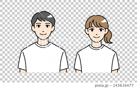 正面を向いている普段着の若い男女のイラスト 正面を向いている普段着の若い男女のイラスト 143616477