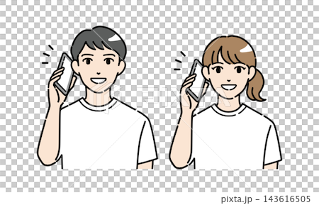 スマホで電話している普段着の若い男女のイラスト 143616505