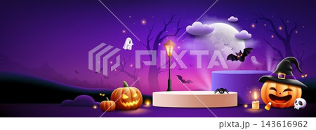 Happy Halloween two podium display, pumpkin, ghosts and bat flying, tree silhouette, banner 143616962