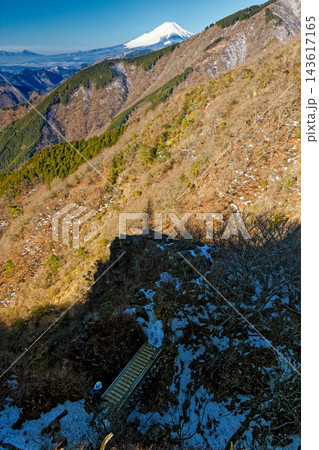 丹沢表尾根・行者岳付近を行く登山者と大倉尾根と富士山 丹沢表尾根・行者岳付近を行く登山者と大倉尾根と富士山 143617165