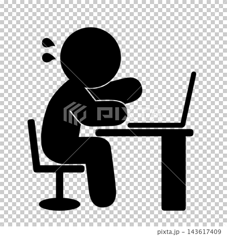 A simple pictogram of a person having trouble with computer work. A simple pictogram of a person having trouble with computer work. 143617409