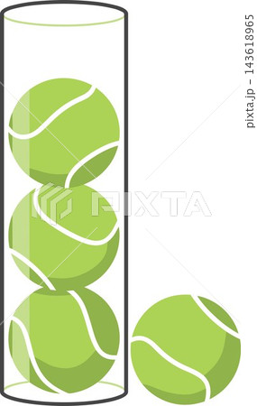 Flat vector illustration of green tennis balls inside a clear cylindrical plastic tube container 143618965
