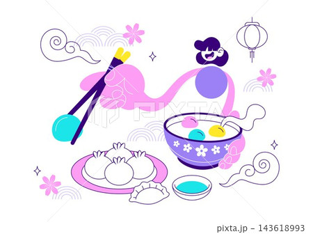 Dongzhi Festival Vector Illustration Featuring Traditional Tang Yuan Soup, Winter Solstice, Chinese Cuisine, Festive Flowers, and Cultural Heritage Dongzhi Festival Vector Illustration Featuring Traditional Tang Yuan Soup, Winter Solstice, Chinese Cuisine, Festive Flowers, and Cultural Heritage 143618993