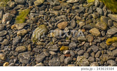 Smooth river stones beneath clear shallow water with green algae and natural textures in a rocky streambed landscape 143619384