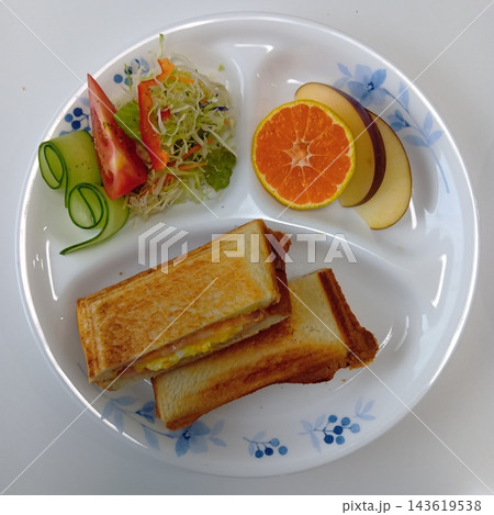 ワンプレートに盛り付けられたホットサンドと生野菜サラダと果物の朝食 143619538