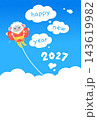 2027年未年の年賀状素材 かわいい羊の凧揚げとHappy New Year 143619982