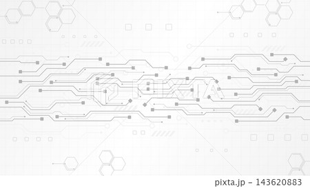 Horizontal Gray Electronic Circuit Board Vector Background with Geometric Hexagon Shapes and Nodes on White Grid Minimalist Technology Design Horizontal Gray Electronic Circuit Board Vector Background with Geometric Hexagon Shapes and Nodes on White Grid Minimalist Technology Design 143620883