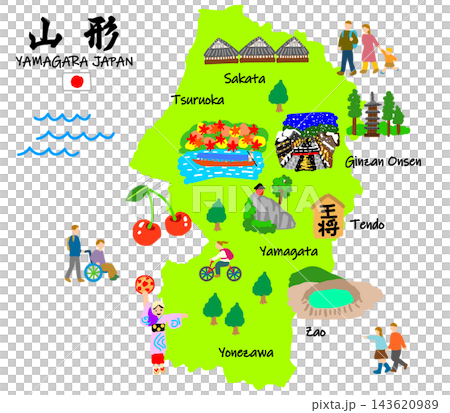 一幅手繪的山形縣旅遊景點和遊客的平面插圖。 143620989