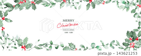 水彩のクリスマスグリーン素材セット ヒイラギとユーカリの枝・赤い実・ボタニカルフレーム 水彩のクリスマスグリーン素材セット ヒイラギとユーカリの枝・赤い実・ボタニカルフレーム 143621253