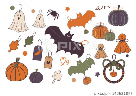 Vector Halloween set of paper crafts with pumpkins, bats, cute ghosts and festive garlands Vector Halloween set of paper crafts with pumpkins, bats, cute ghosts and festive garlands 143621877