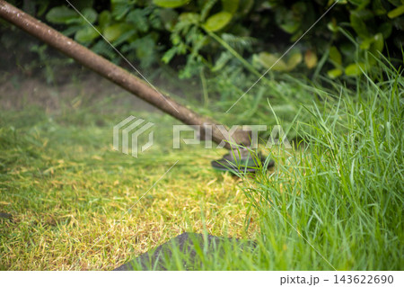 Close up of a string trimmer cutting green grass and weeds in a garden, focus selective Close up of a string trimmer cutting green grass and weeds in a garden, focus selective 143622690