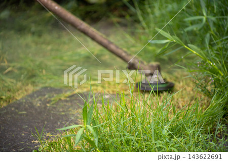 Close up of a string trimmer cutting green grass and weeds in a garden, focus selective 143622691