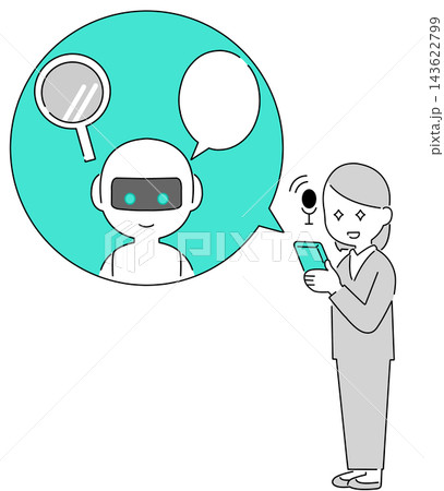 スマートフォンでAIチャットボットに質問・相談するビジネスマンのイラスト スマートフォンでAIチャットボットに質問・相談するビジネスマンのイラスト 143622799