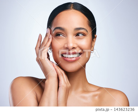 Woman, thinking and clean skincare in studio, healthy and hands for beauty on white background. Female person, cosmetics and touch soft or smooth skin, facial treatment and planning for dermatology 143623236