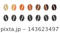 Coffee bean set, Coffee bean vector illustration, coffee bean icon set showing different levels and color shades isolated on white background. 143623497