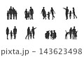 Happy family silhouettes collection, featuring parents and children walking, standing, holding hands, black silhouettes of parents and kids walking together on a white background. 143623498