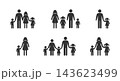 Family solid icon set with parents and child simple silhouette, family icon set featuring diverse solid pictograms of parents with children. 143623499